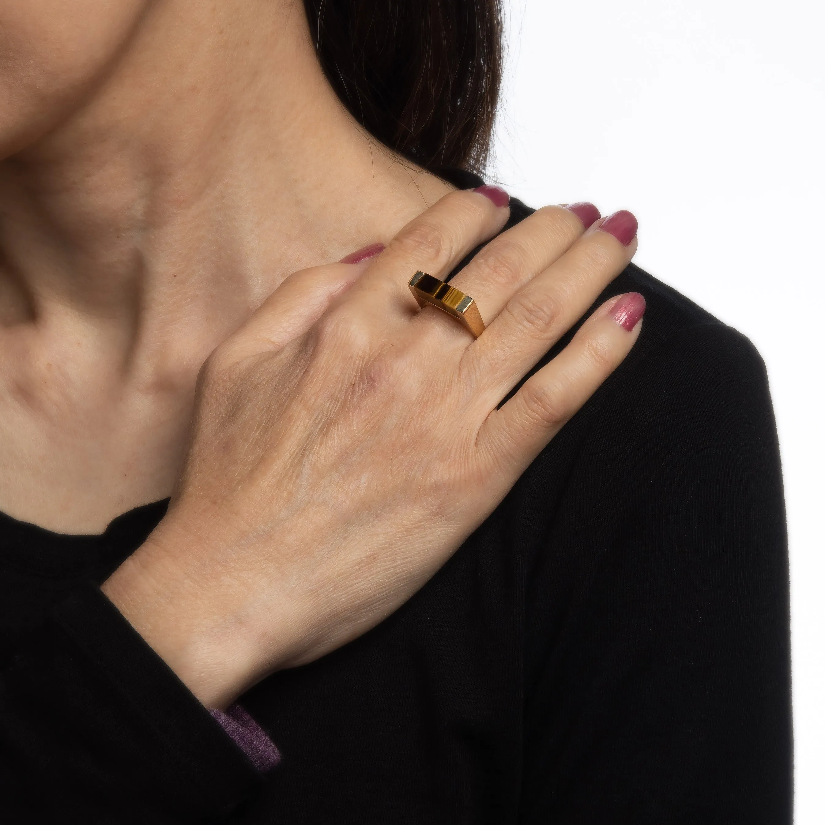 Vintage Square Ring Tigers Eye 14k Yellow Gold Sz 6.25 Geometric Stacking Band