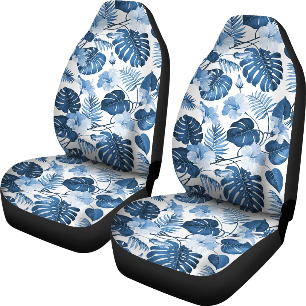 White and Blue Hibiscus Tropical Hawaiian Flower Pattern Car Seat Covers
