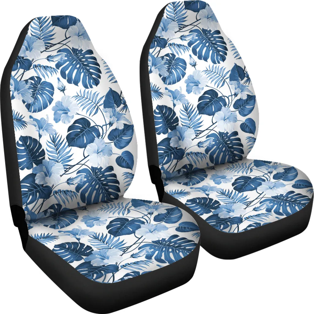 White and Blue Hibiscus Tropical Hawaiian Flower Pattern Car Seat Covers