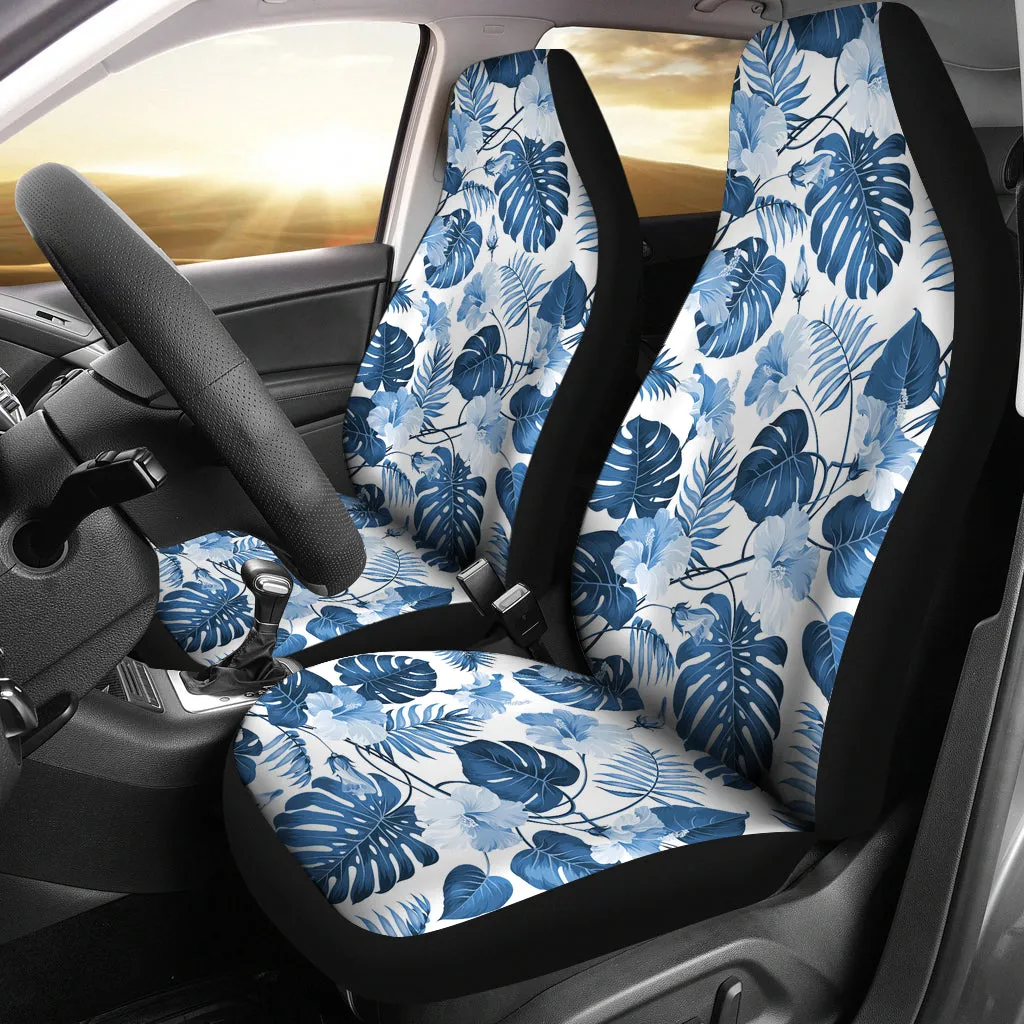 White and Blue Hibiscus Tropical Hawaiian Flower Pattern Car Seat Covers