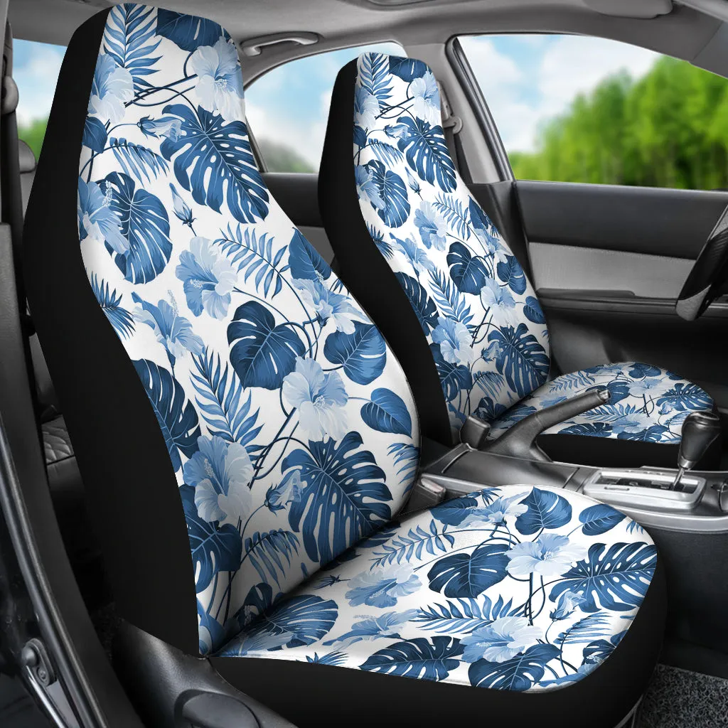 White and Blue Hibiscus Tropical Hawaiian Flower Pattern Car Seat Covers