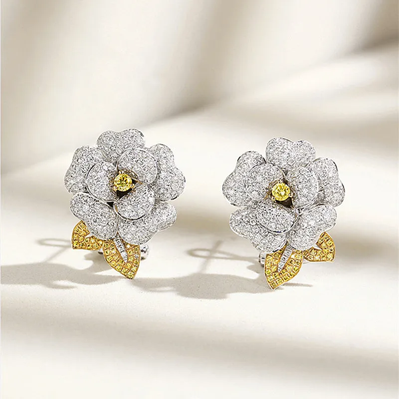 White and Fancy Yellow Diamond Luxury Flower Earrings