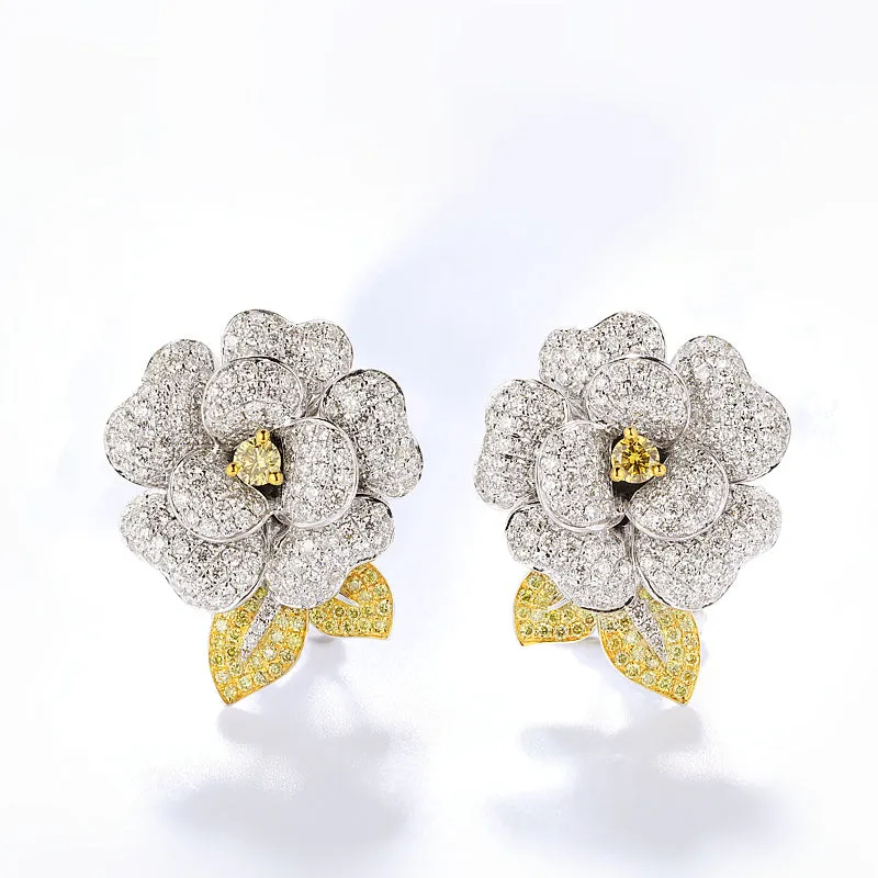 White and Fancy Yellow Diamond Luxury Flower Earrings