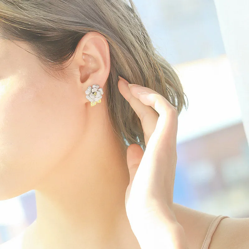 White and Fancy Yellow Diamond Luxury Flower Earrings