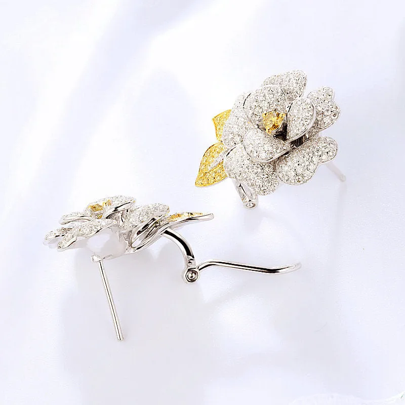 White and Fancy Yellow Diamond Luxury Flower Earrings