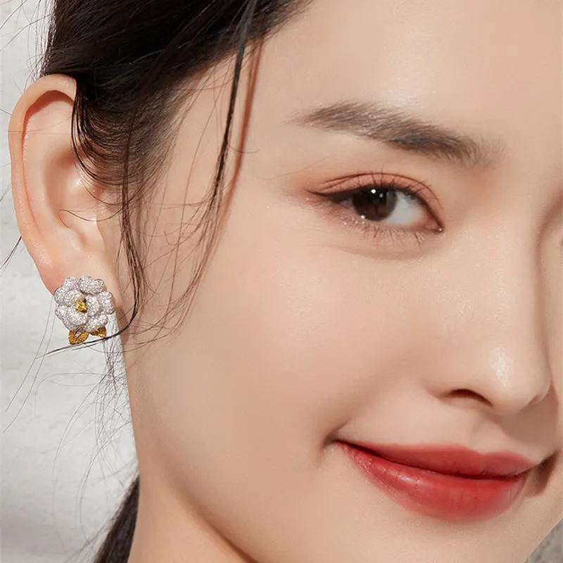 White and Fancy Yellow Diamond Luxury Flower Earrings