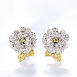 White and Fancy Yellow Diamond Luxury Flower Earrings