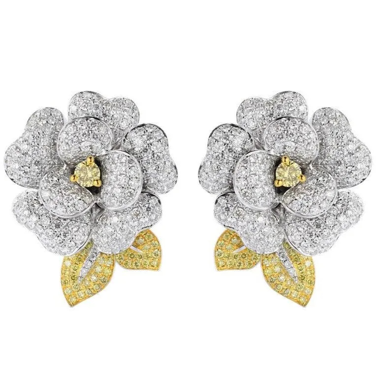 White and Fancy Yellow Diamond Luxury Flower Earrings